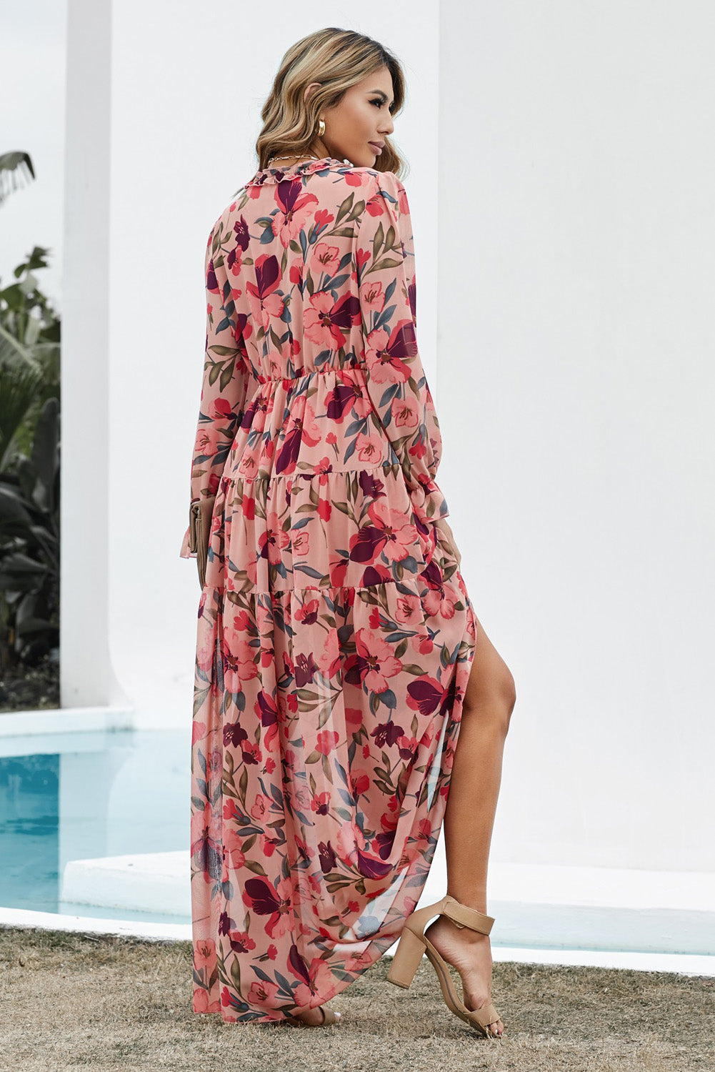 Zephariel Floral Frill Trim Flounce Sleeve Plunge Maxi Dress