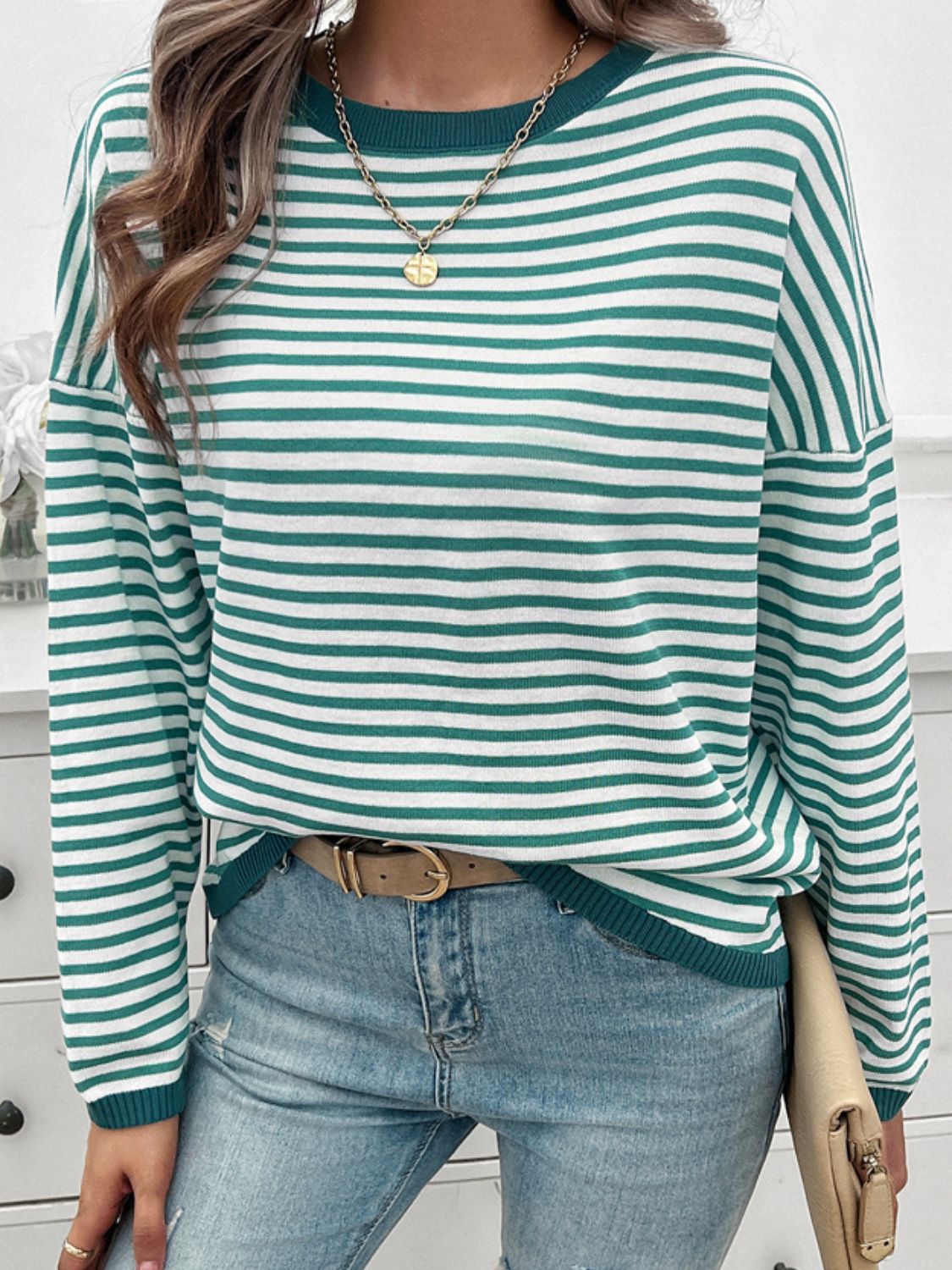 Zephariel Striped Round Neck Dropped Shoulder Sweater