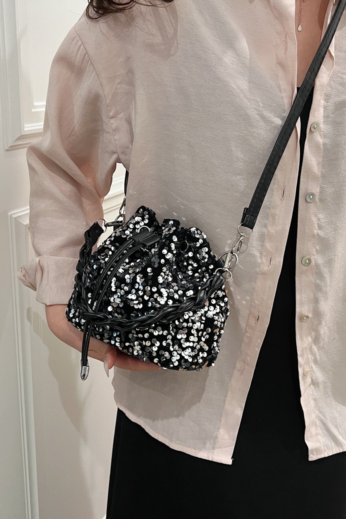 Zephariel Sequin Drawstring Bucket Bag