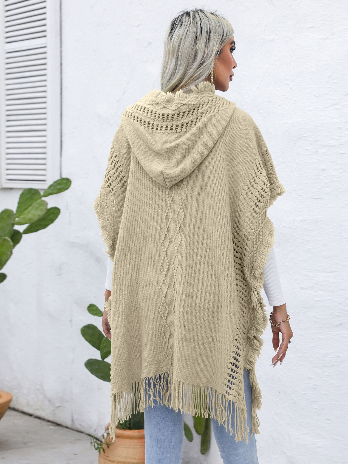 Zephariel Fringe Trim Buttoned Hooded Poncho