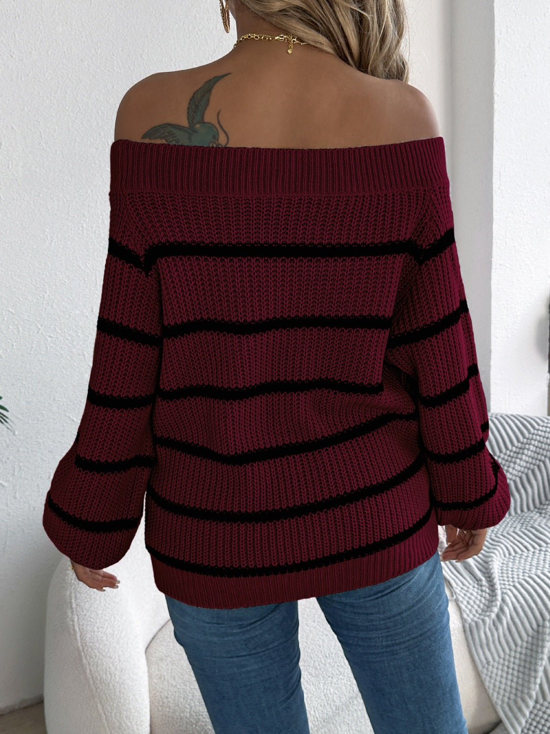 Zephariel Striped Off-Shoulder Long Sleeve Sweater