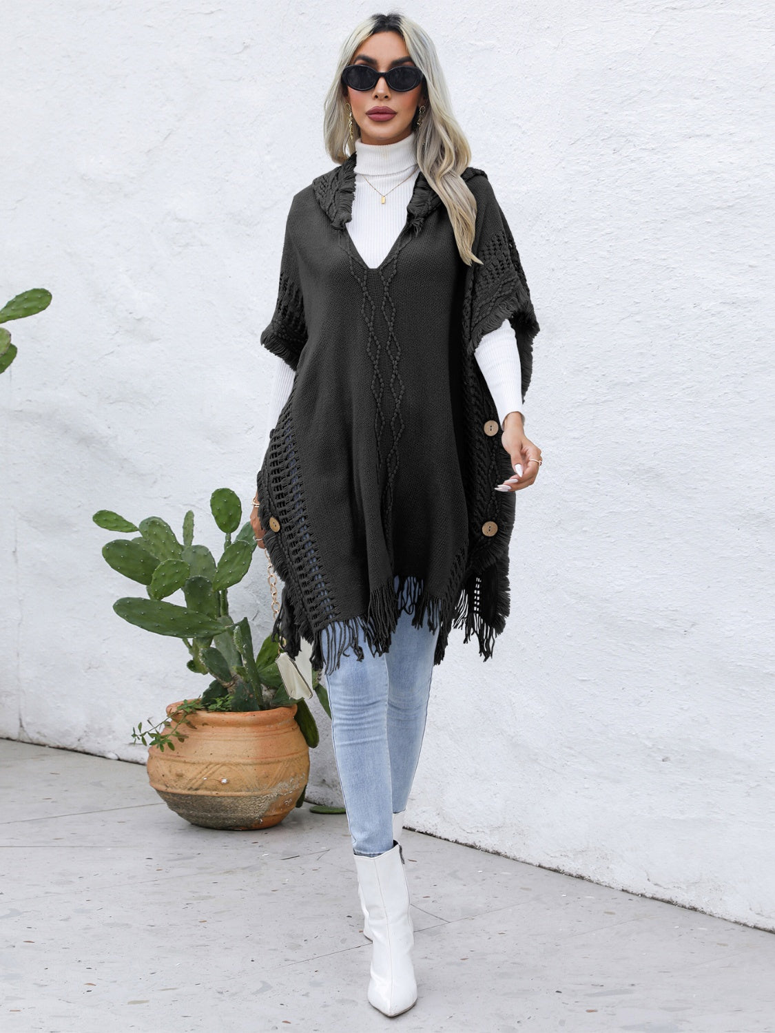 Zephariel Fringe Trim Buttoned Hooded Poncho