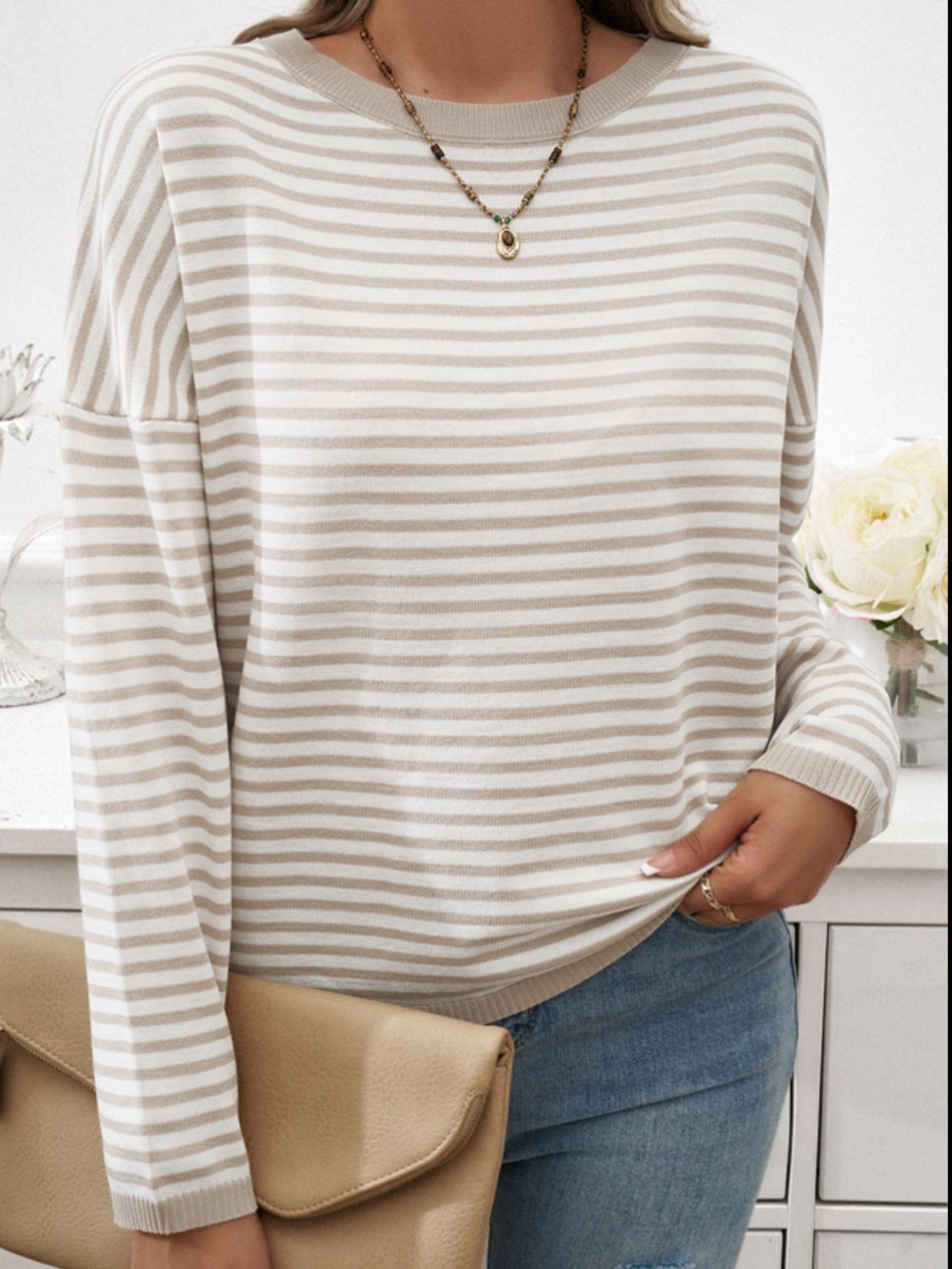 Zephariel Striped Round Neck Dropped Shoulder Sweater