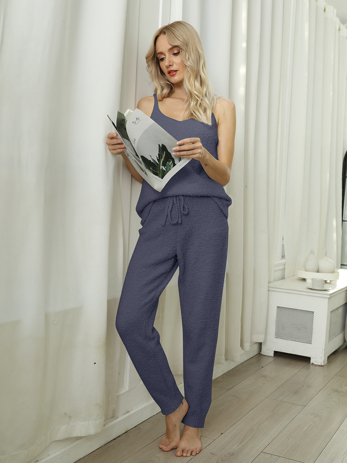 Zephariel Fuzzy V-Neck Cami and Pants Lounge Set