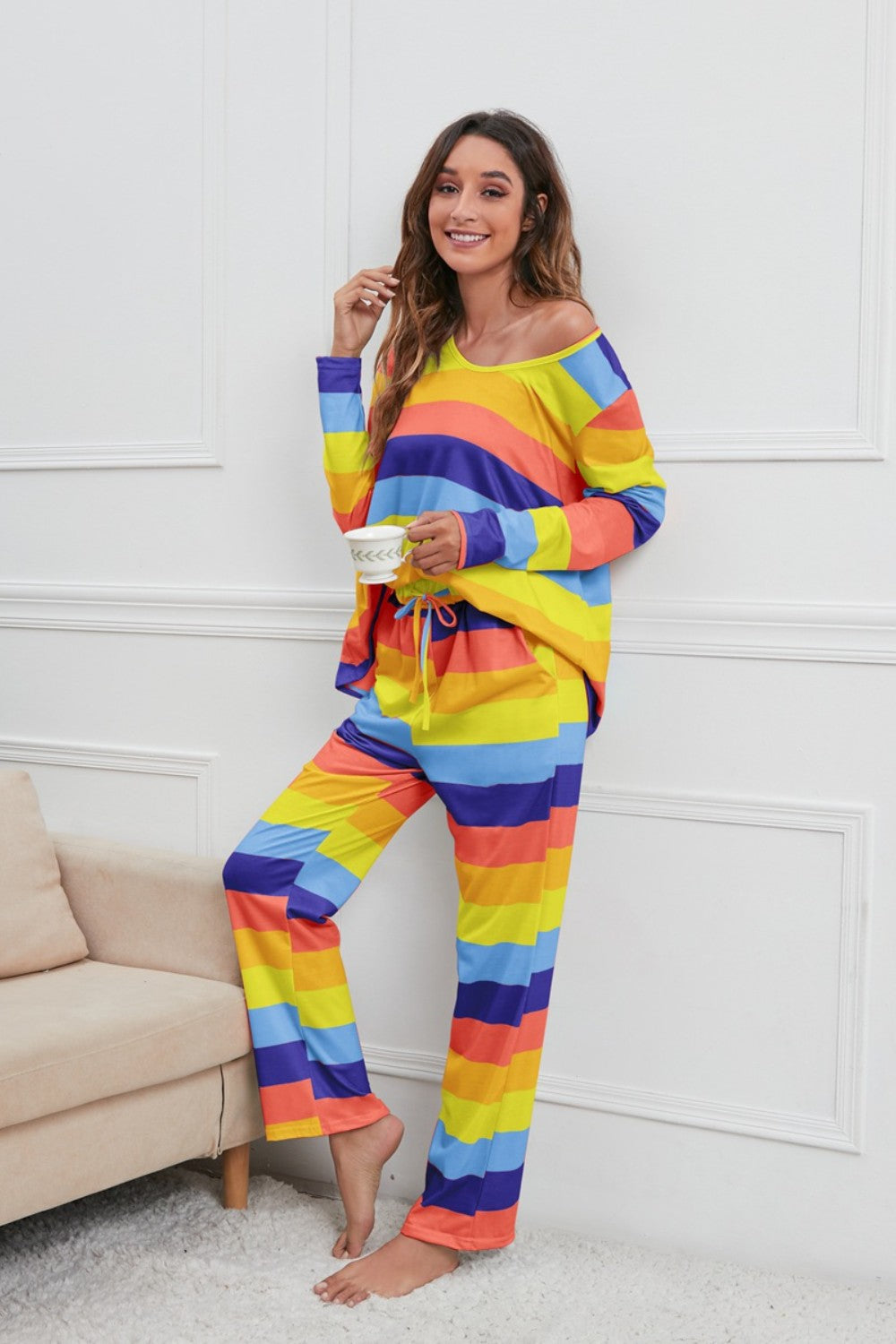 Zephariel Striped Round Neck Long Sleeve Top and Drawstring Pants Lounge Set