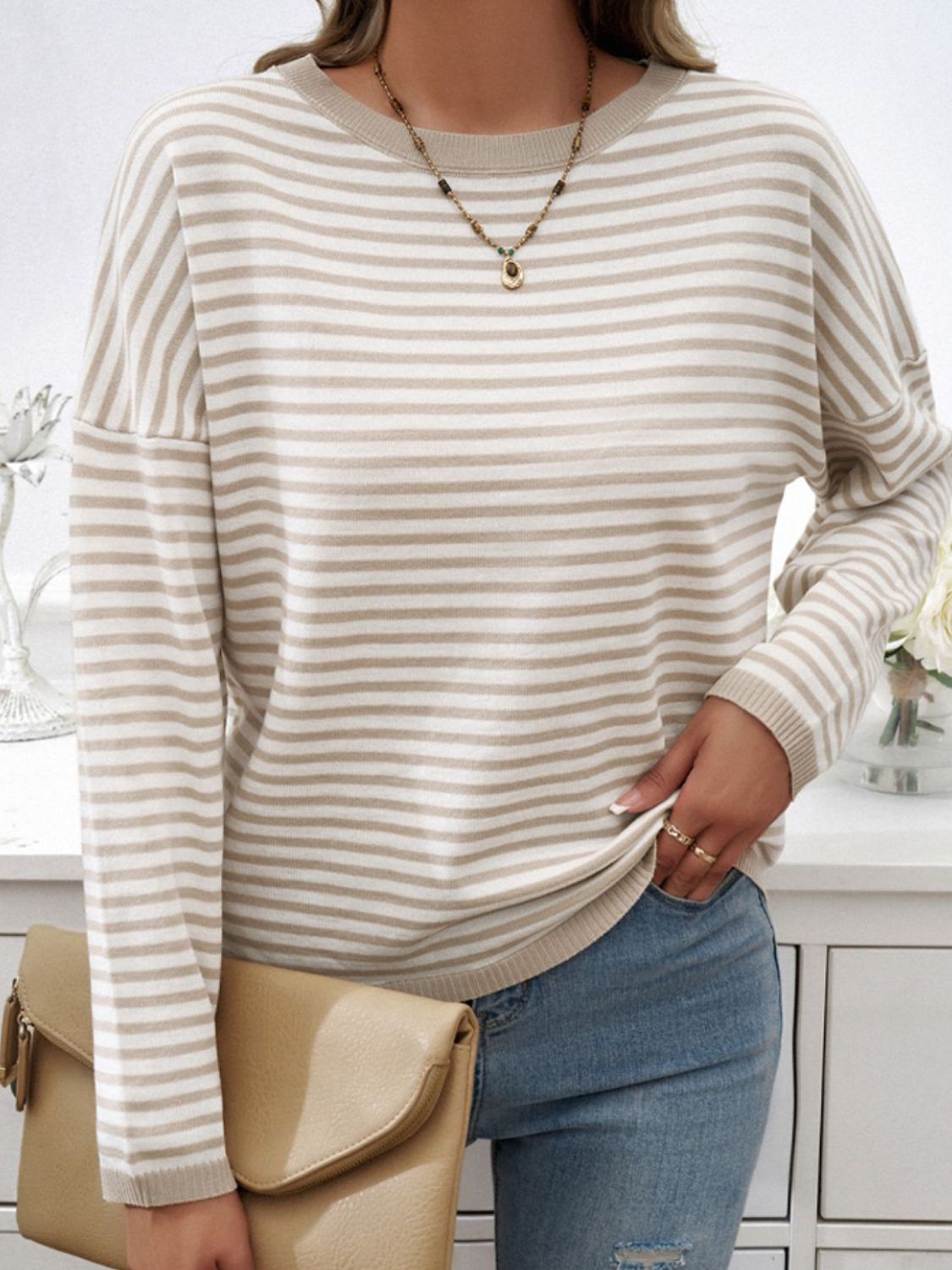 Zephariel Striped Round Neck Dropped Shoulder Sweater