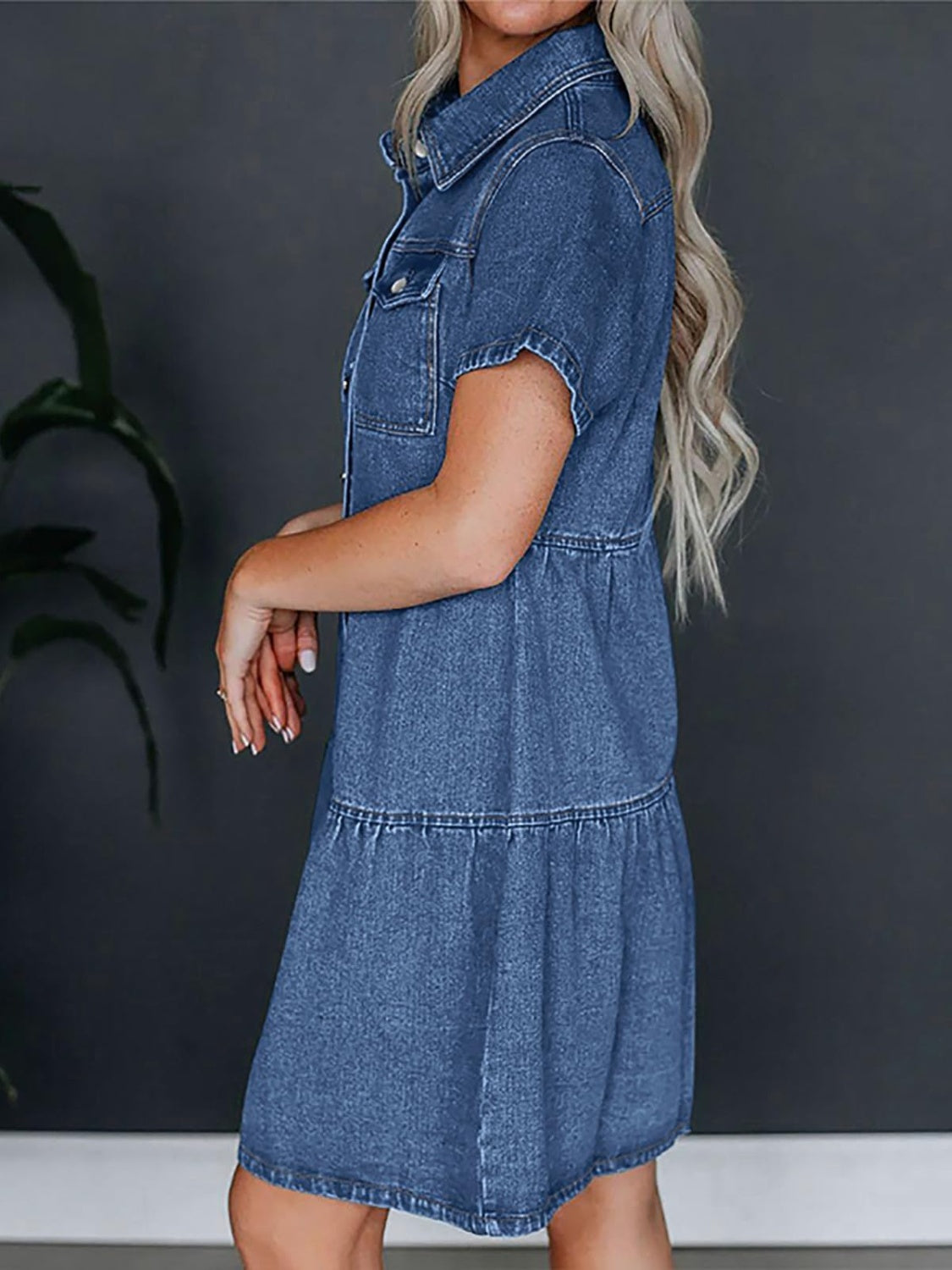 Zephariel Pocketed Button Up Collared Neck Short Sleeve Denim Dress