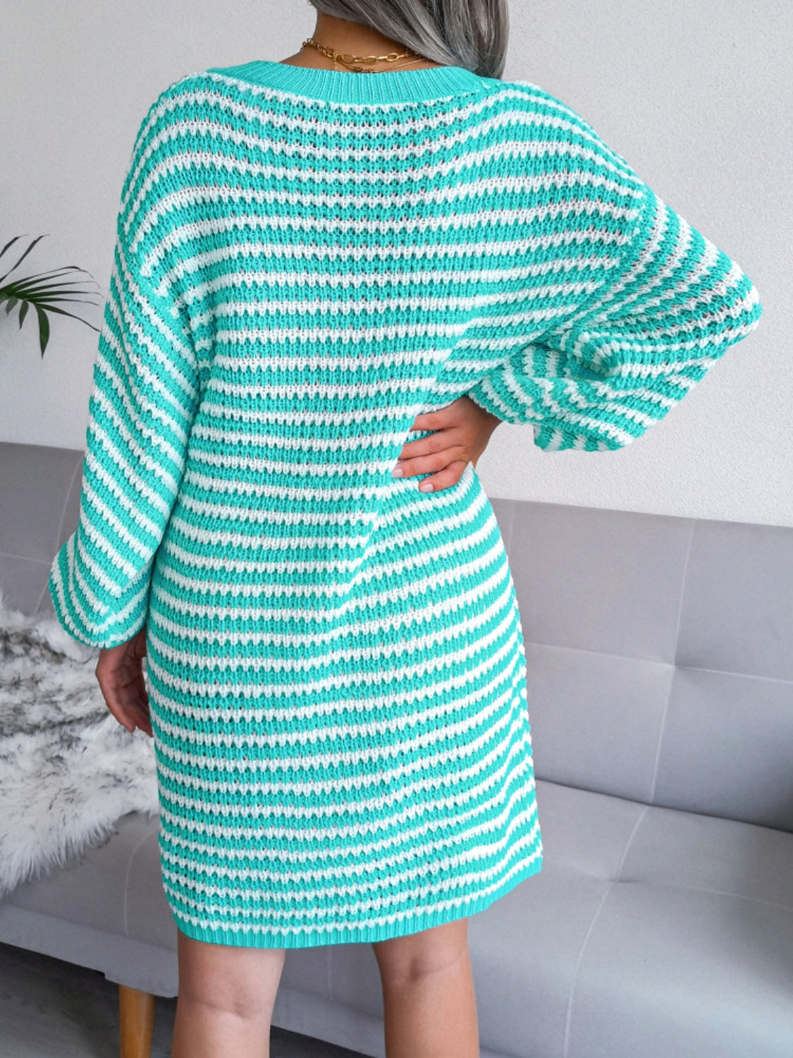 Zephariel Striped V-Neck Long Sleeve Mini Sweater Dress