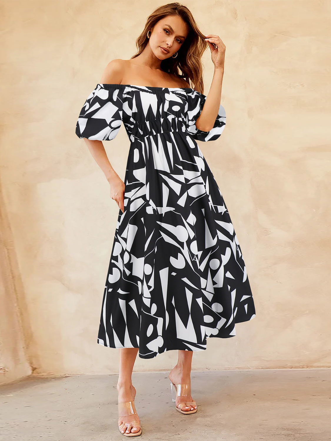 Zephariel Printed Off-Shoulder Balloon Sleeve Dress