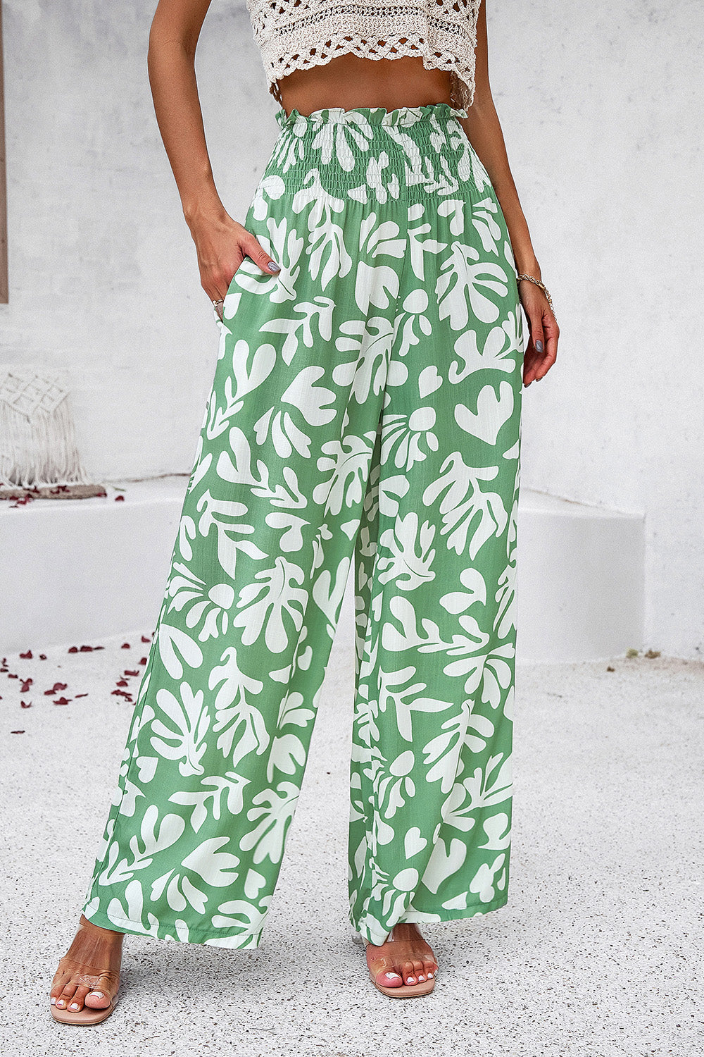 Zephariel Smocked Printed Wide Leg Pants with Pockets