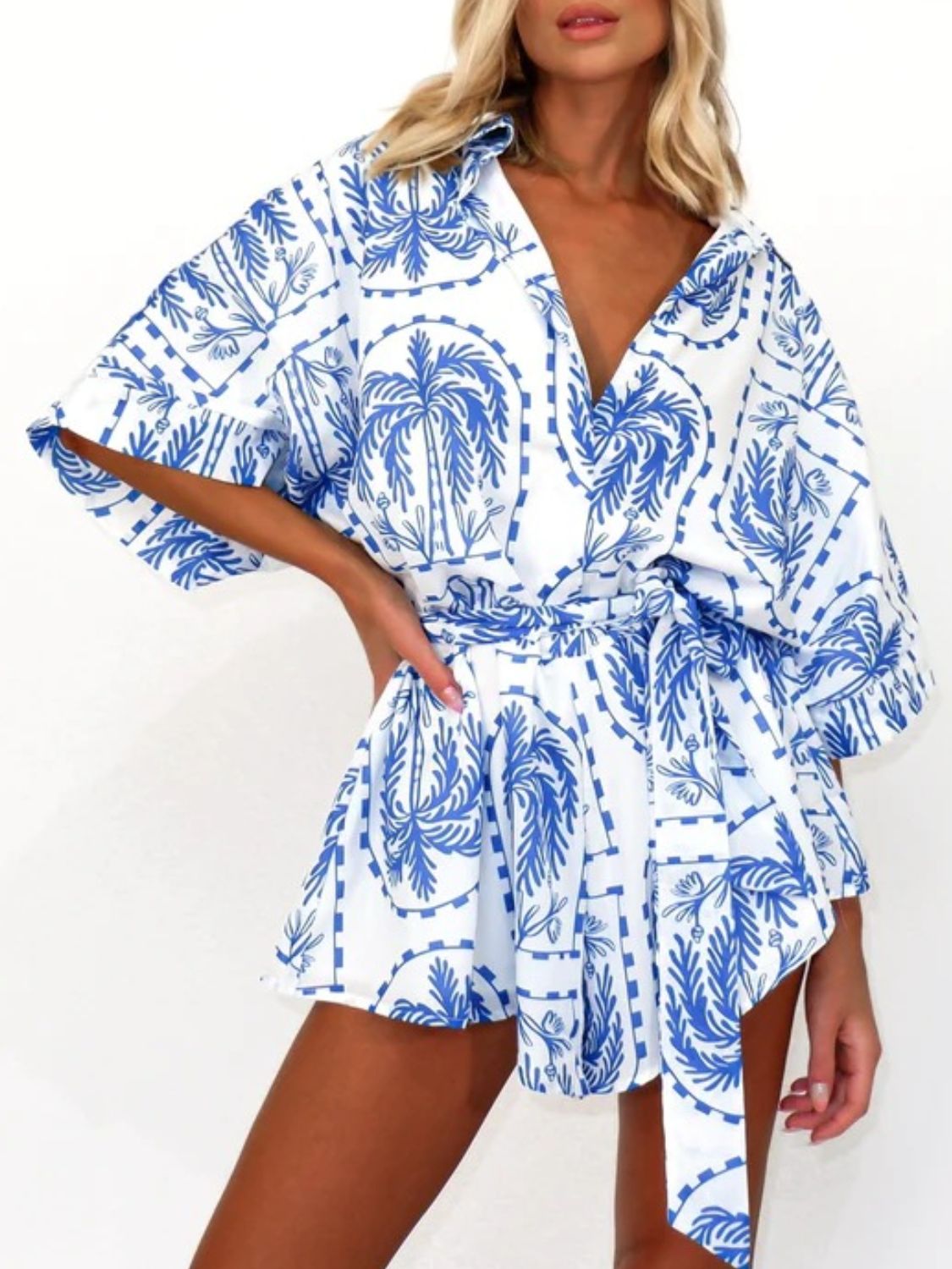 Zephariel Printed Tie Waist Half Sleeve Romper