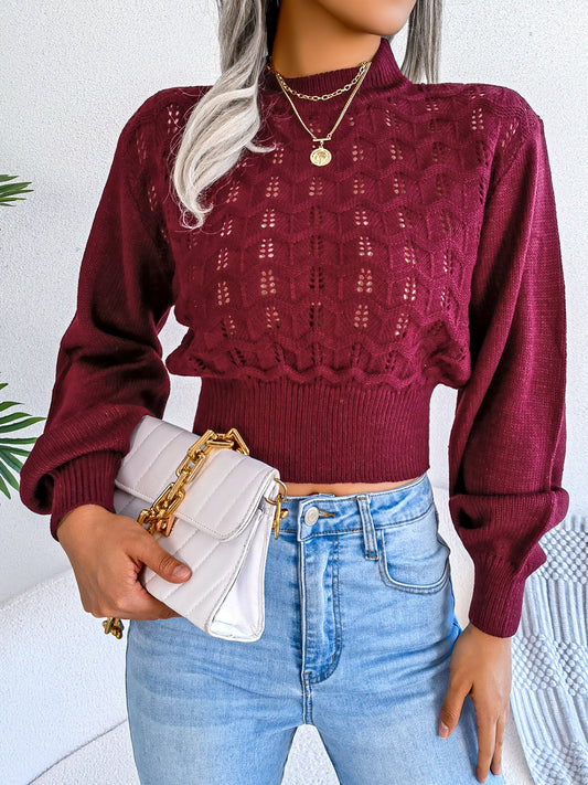 Zephariel Openwork Mock Neck Long Sleeve Cropped Sweater