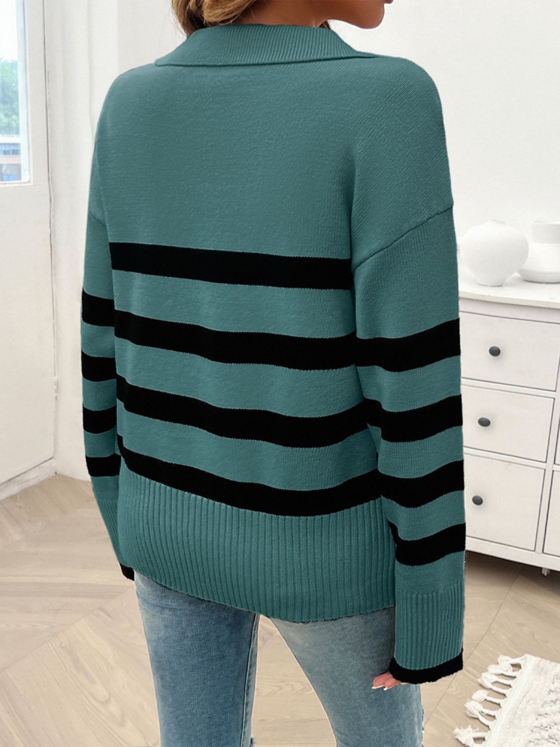 Zephariel Striped Collared Neck Long Sleeve Sweater