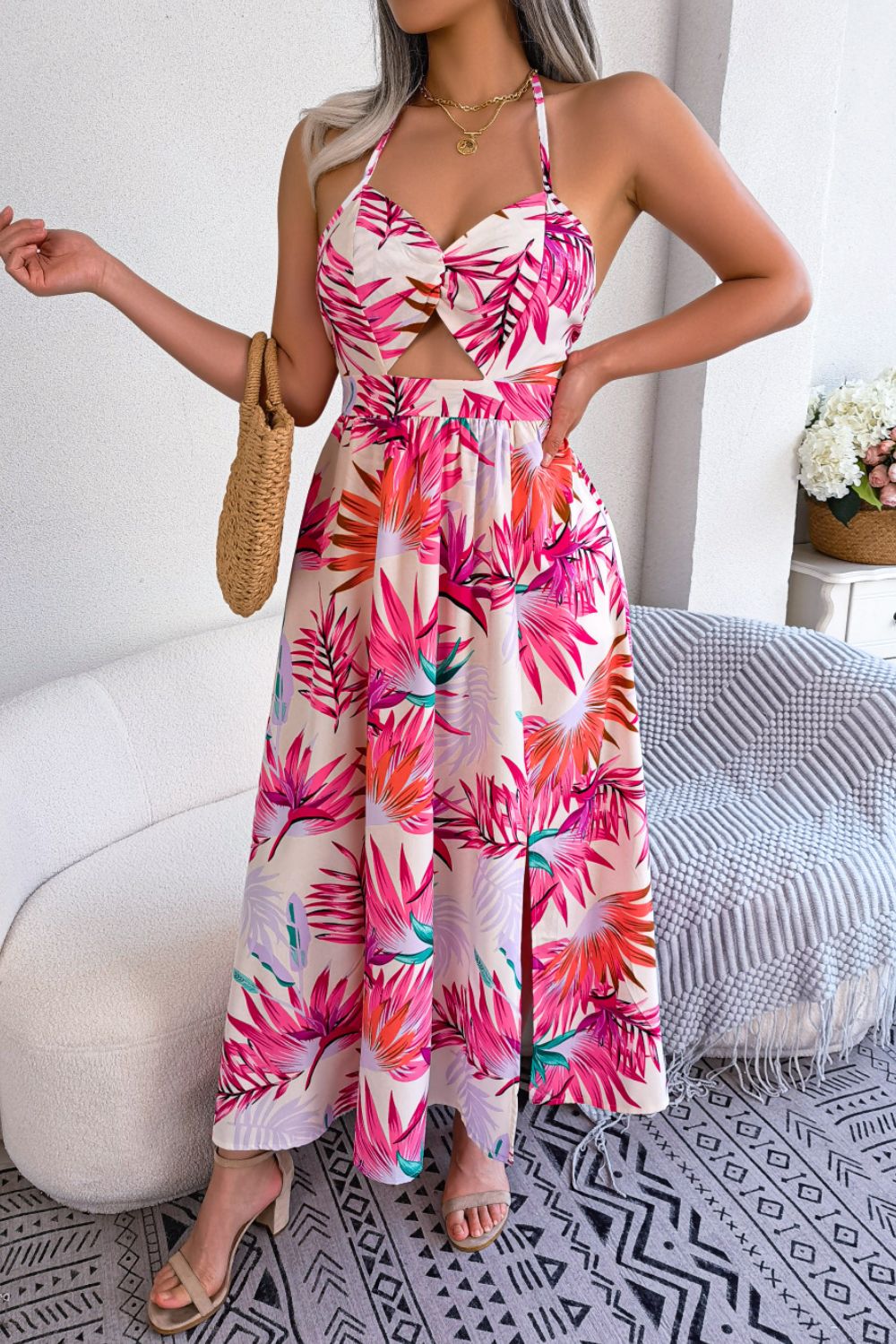 Zephariel Botanical Print Tied Backless Cutout Slit Dress