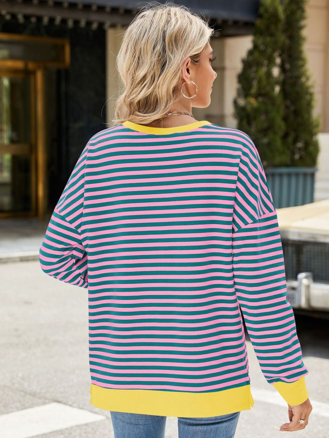 Zephariel Slit Striped Round Neck Long Sleeve Sweatshirt