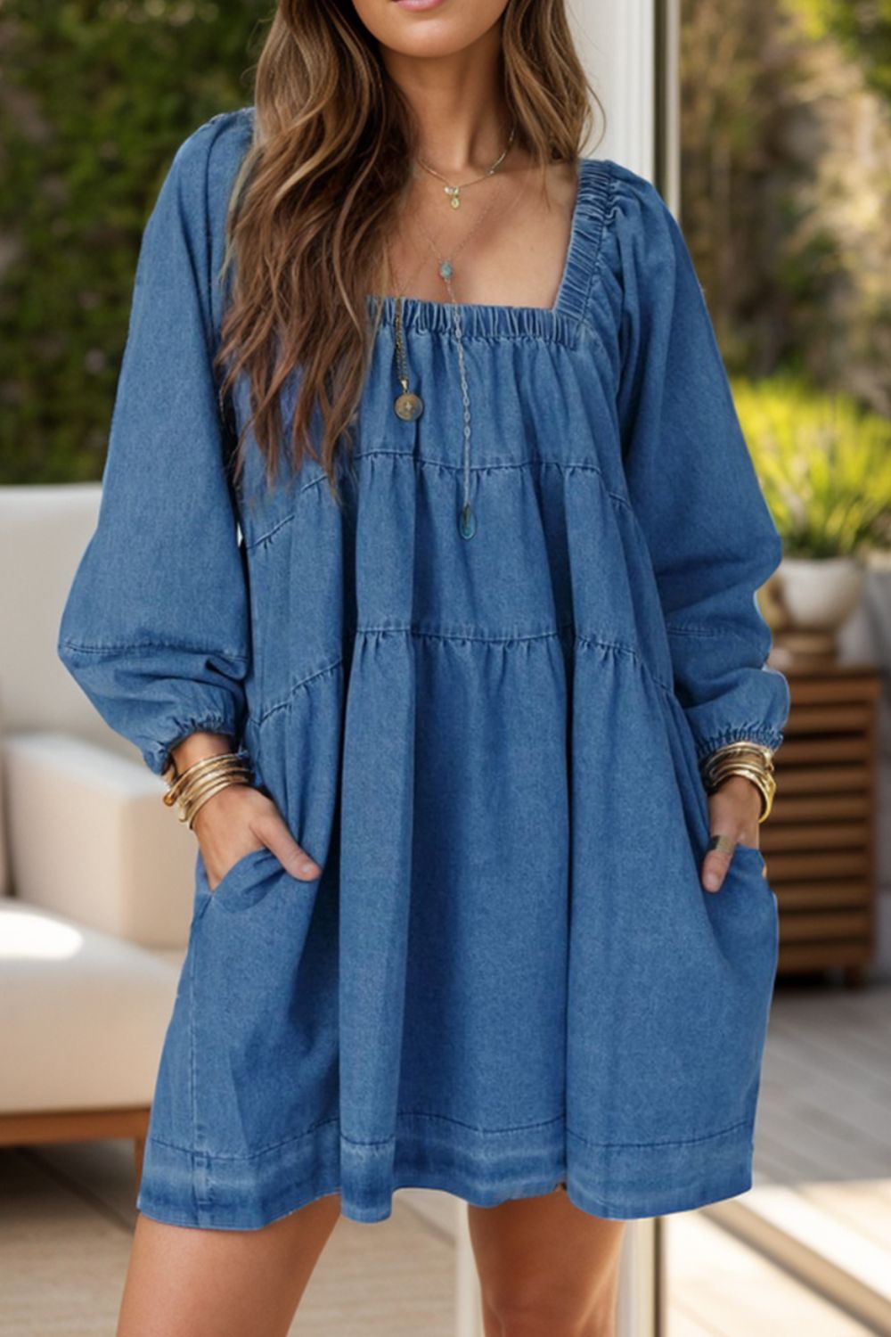 Zephariel Tied Square Neck Long Sleeve Denim Dress with Pockets