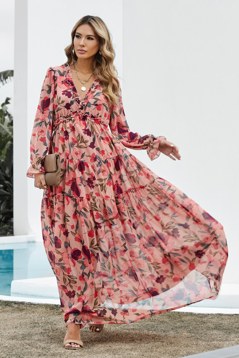 Zephariel Floral Frill Trim Flounce Sleeve Plunge Maxi Dress