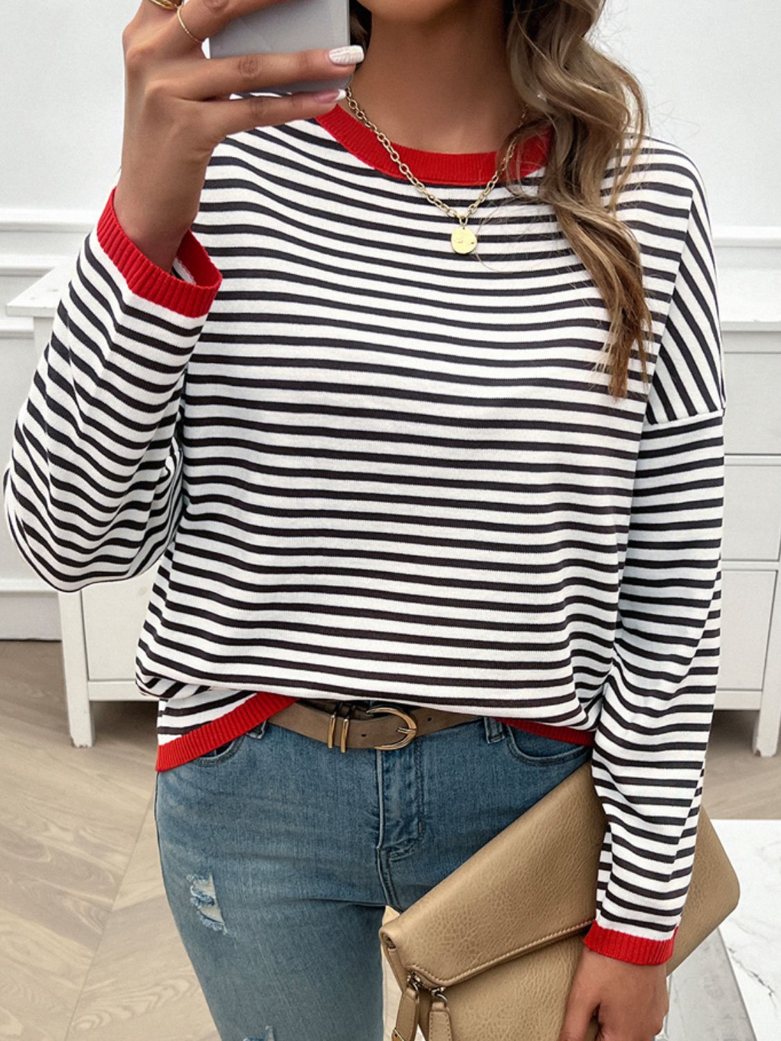 Zephariel Striped Round Neck Dropped Shoulder Sweater