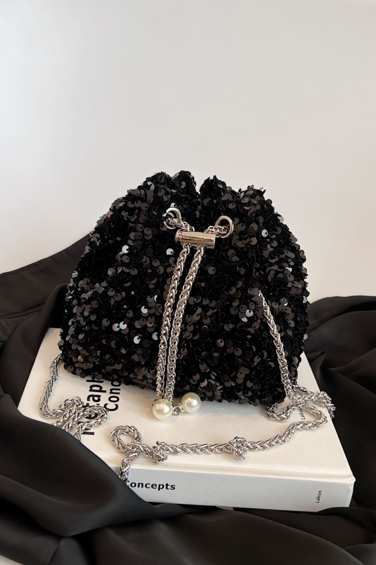 Zephariel Sequin Chain Drawstring Bucket Bag