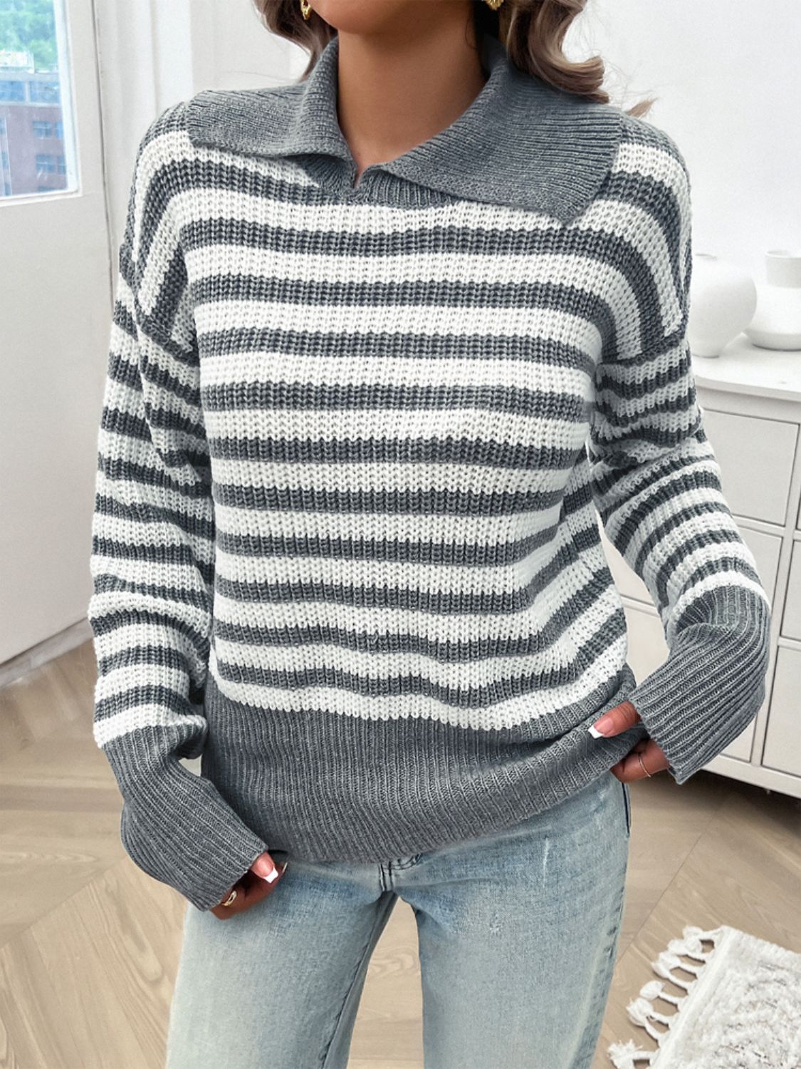 Zephariel Striped Collared Neck Long Sleeve Sweater