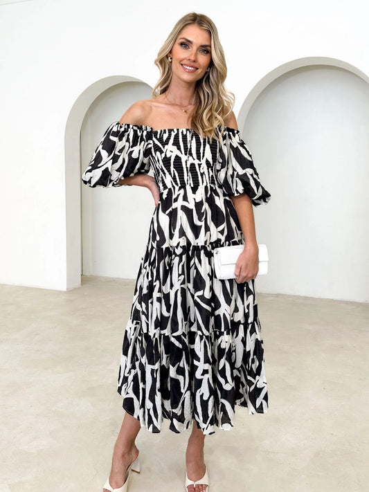 Zephariel Printed Smocked Off-Shoulder Tiered Dress