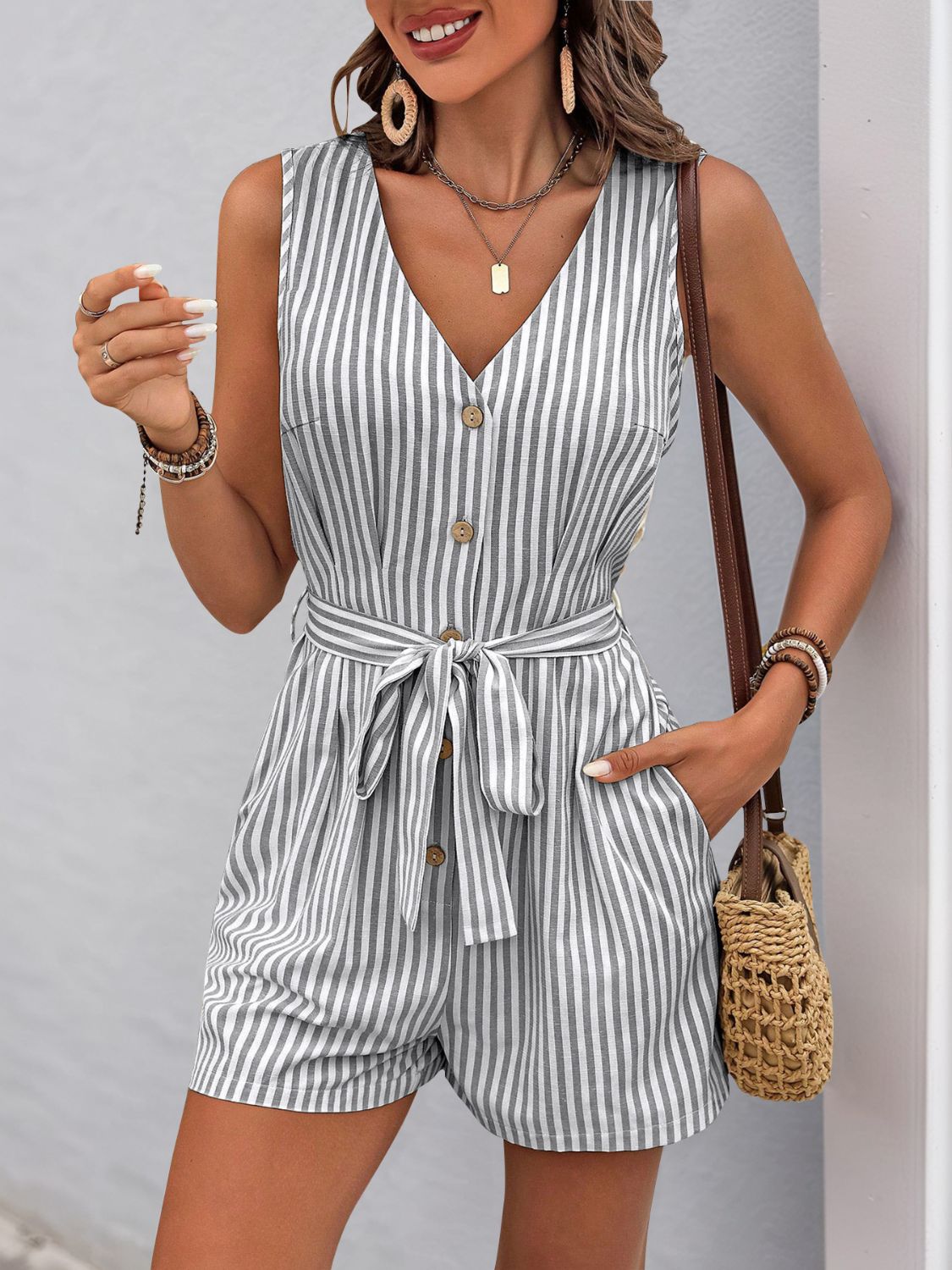 Zephariel Striped V-Neck Tie Waist Romper