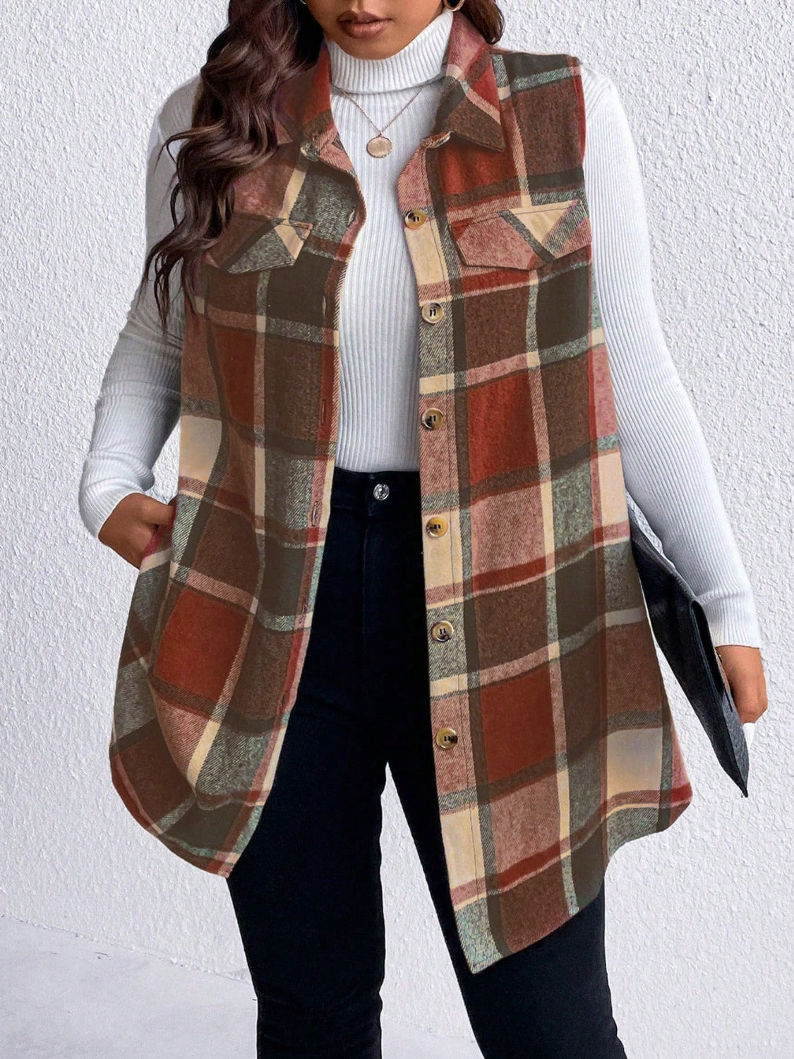 Zephariel Plus Size Pocketed Plaid Button Up Vest Coat