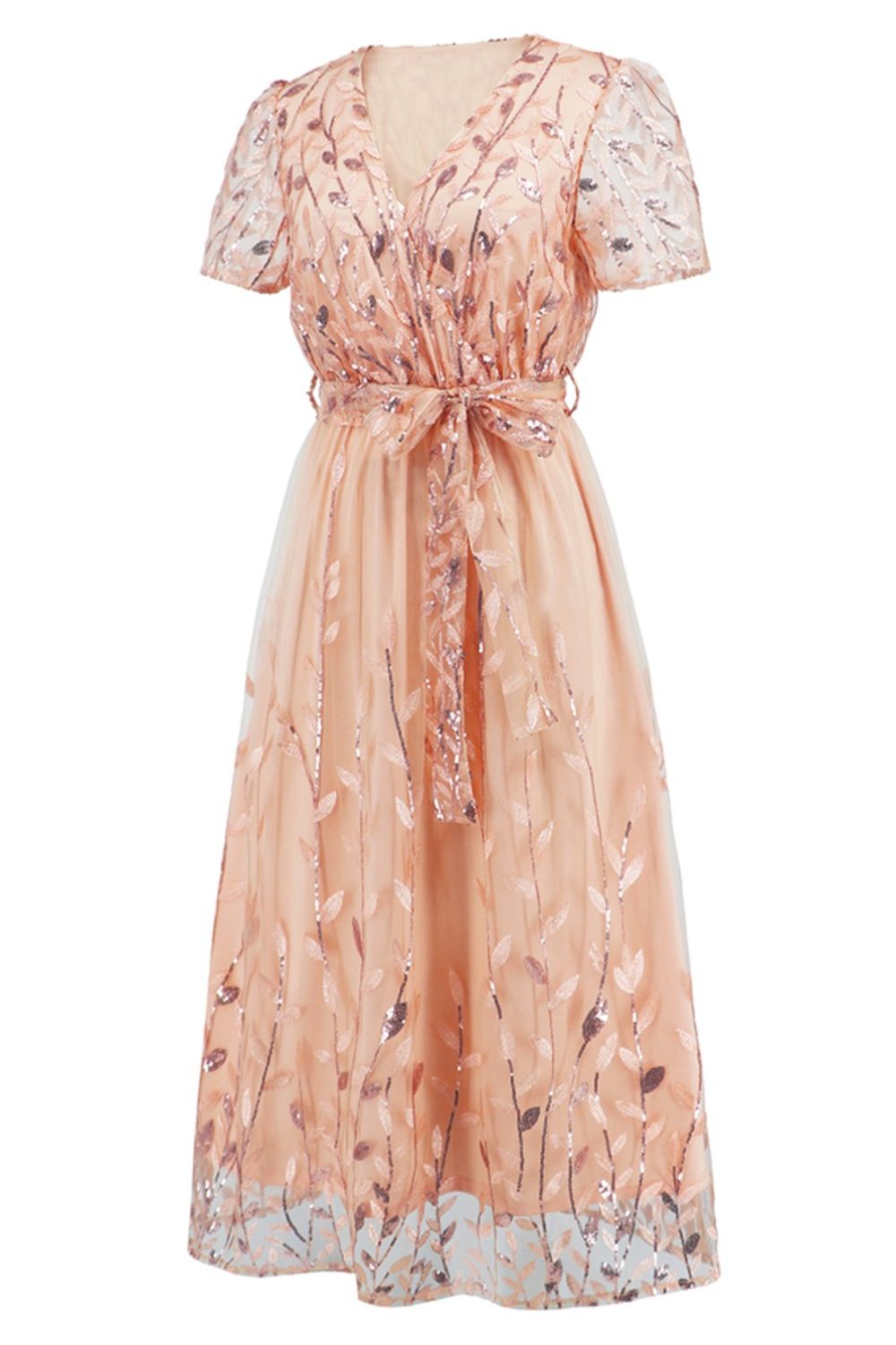 Zephariel Sequin Leaf Embroidery Tie Front Short Sleeve Dress