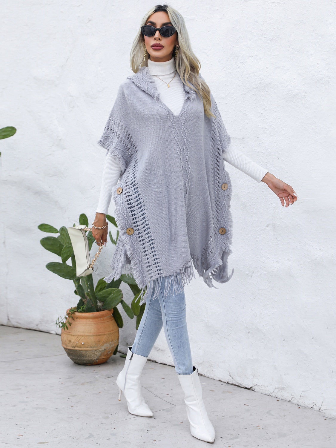 Zephariel Fringe Trim Buttoned Hooded Poncho