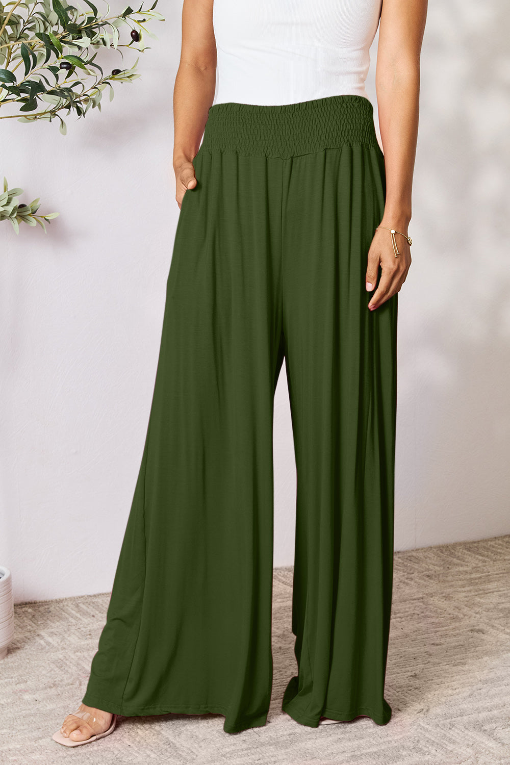 Zephariel  Smocked Wide Waistband Wide Leg Pants