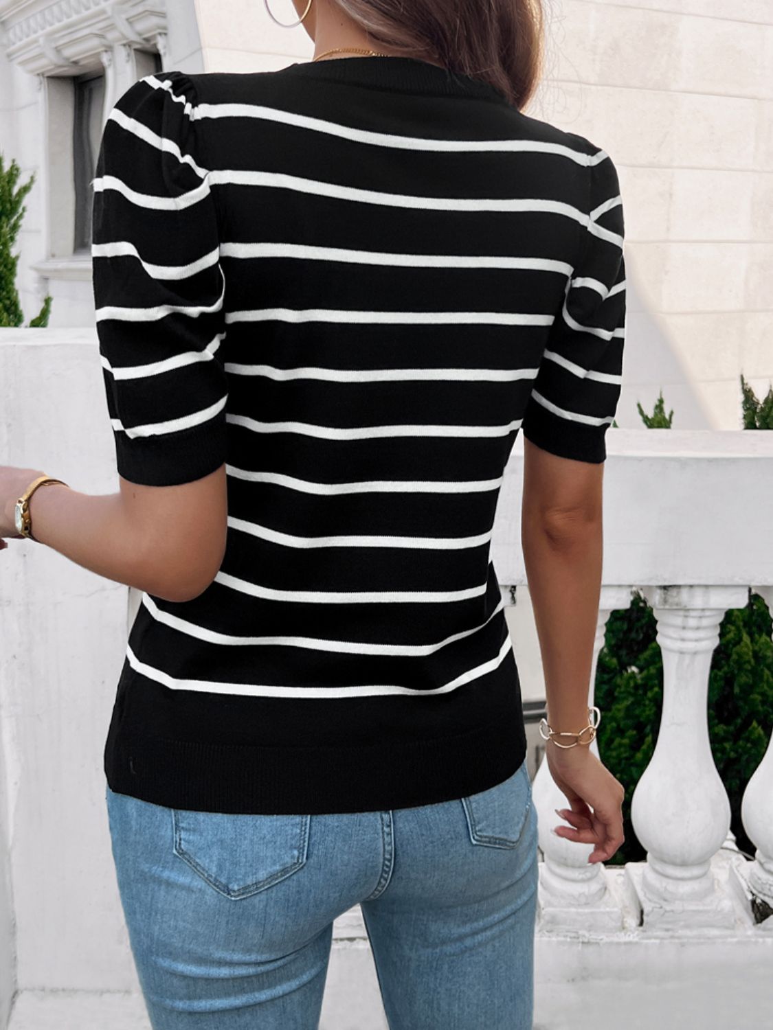 Zephariel Striped Round Neck Puff Sleeve Knit Top