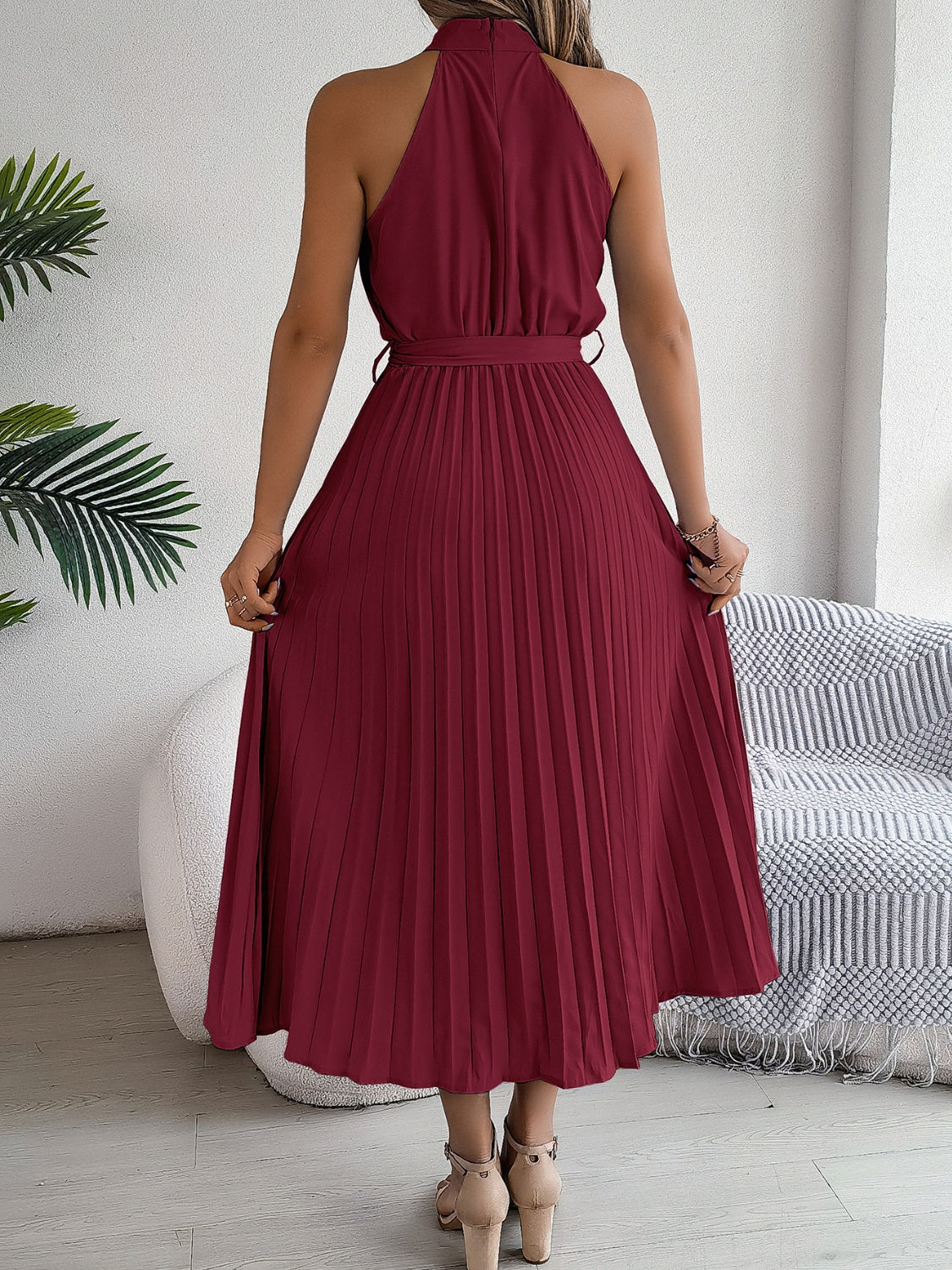 Zephariel Pleated Tie Waist Sleeveless Midi Dress