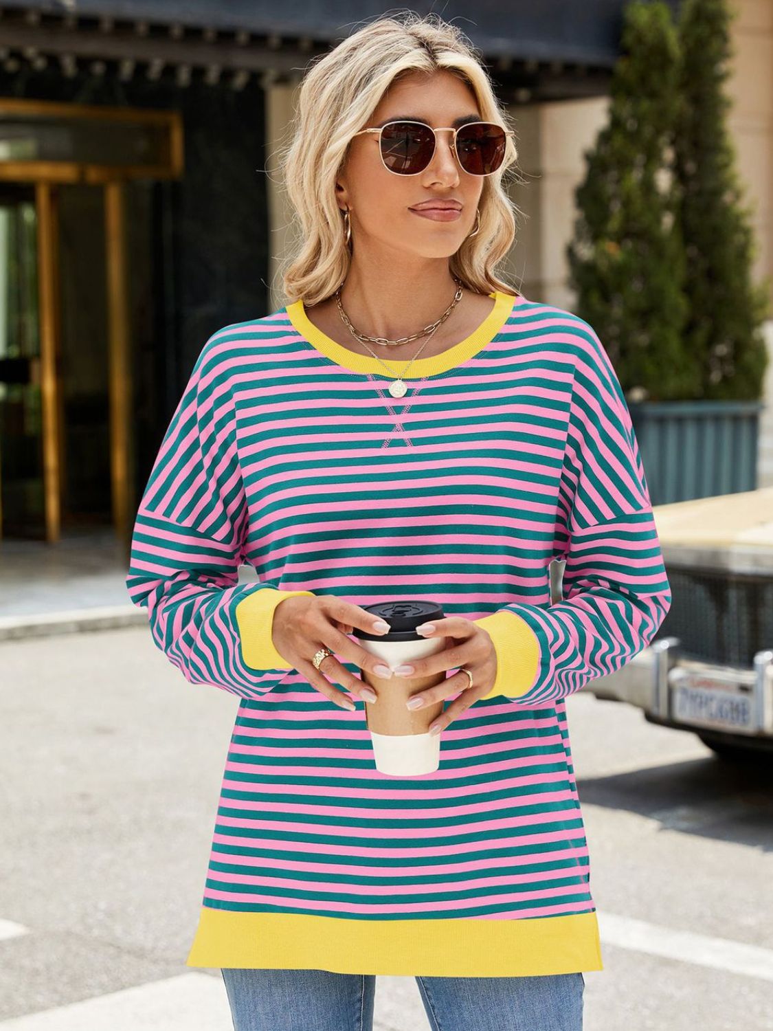 Zephariel Slit Striped Round Neck Long Sleeve Sweatshirt