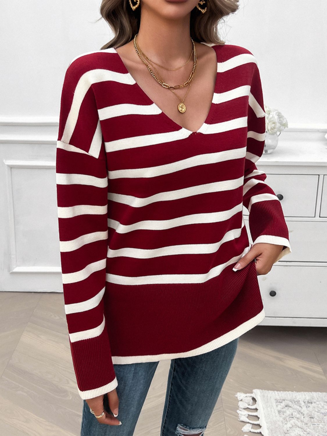 Zephariel Striped V-Neck Long Sleeve Knit Top