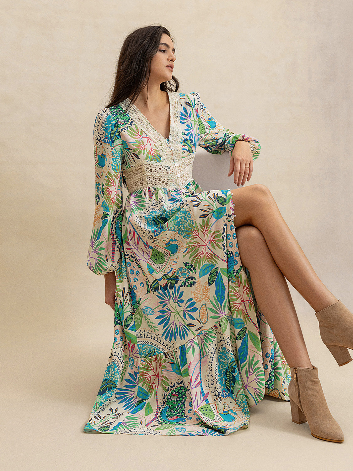 Zephariel Slit Printed V-Neck Long Sleeve Midi Dress