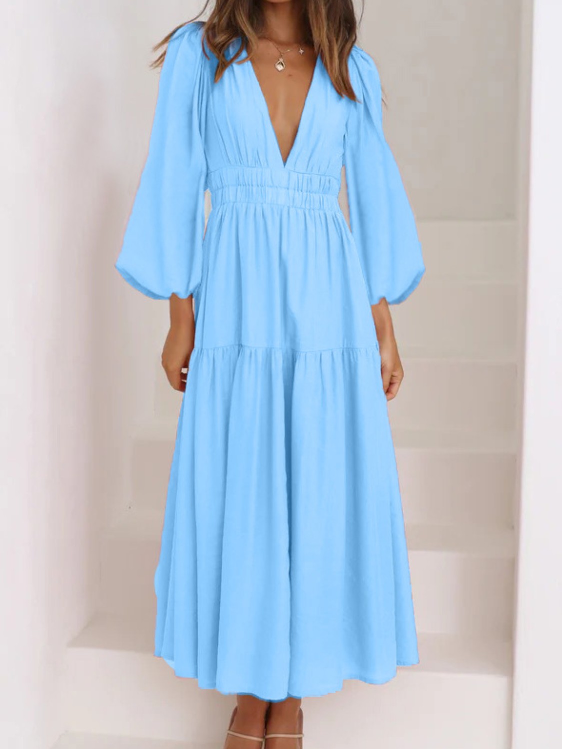 Zephariel Deep V-Neck Balloon Sleeve Plain Maxi Dress