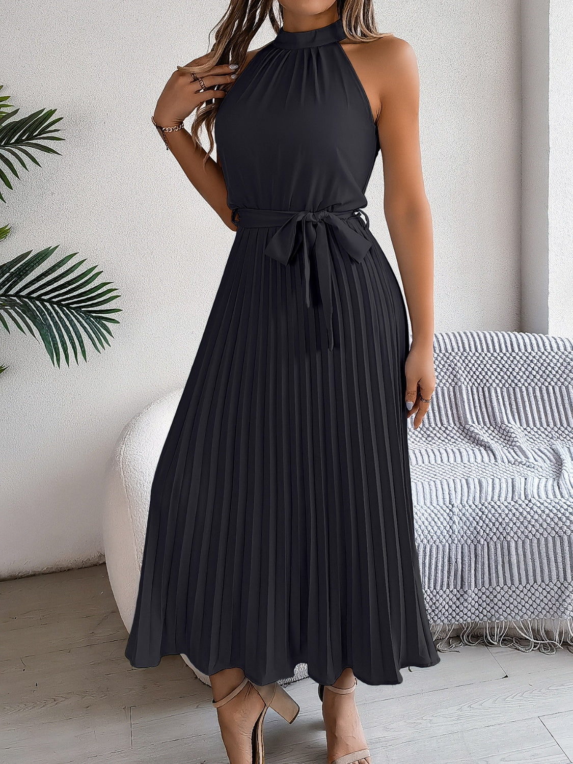 Zephariel Pleated Tie Waist Sleeveless Midi Dress