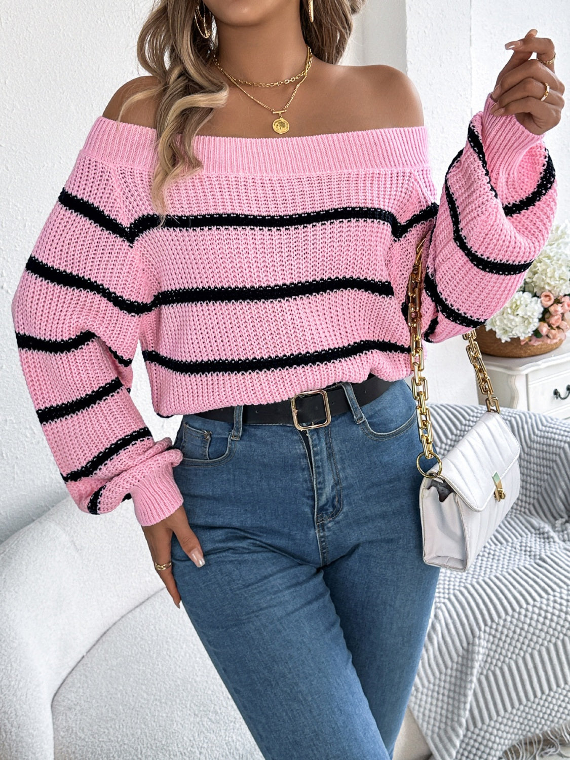 Zephariel Striped Off-Shoulder Long Sleeve Sweater