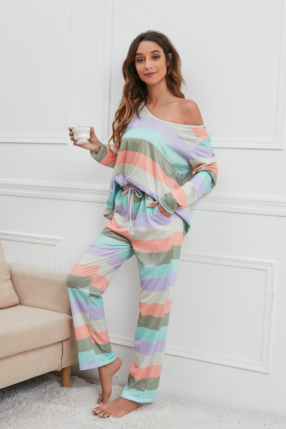 Zephariel Striped Round Neck Long Sleeve Top and Drawstring Pants Lounge Set