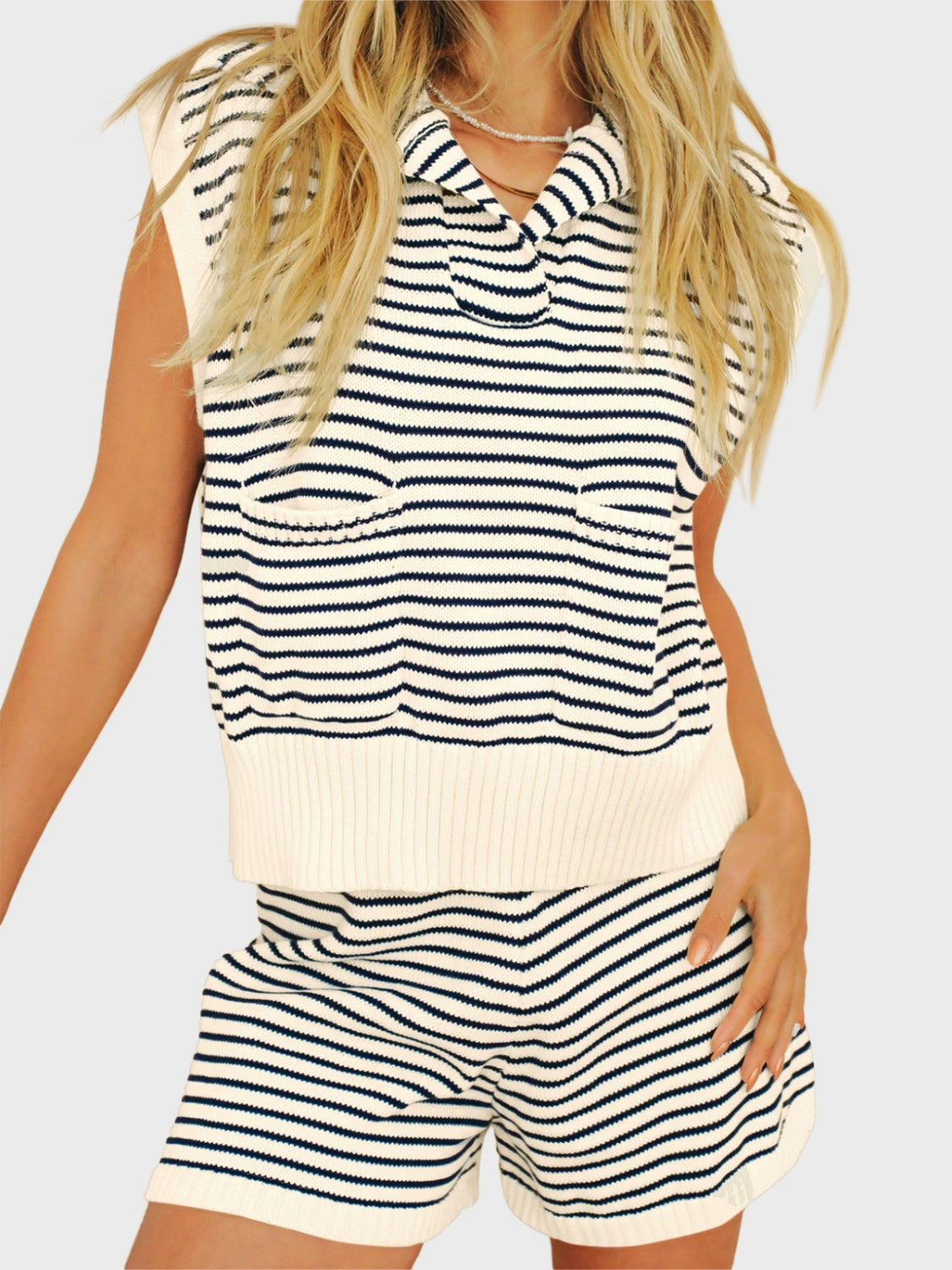 Zephariel Striped Cap Sleeve Top and Shorts Sweater Set