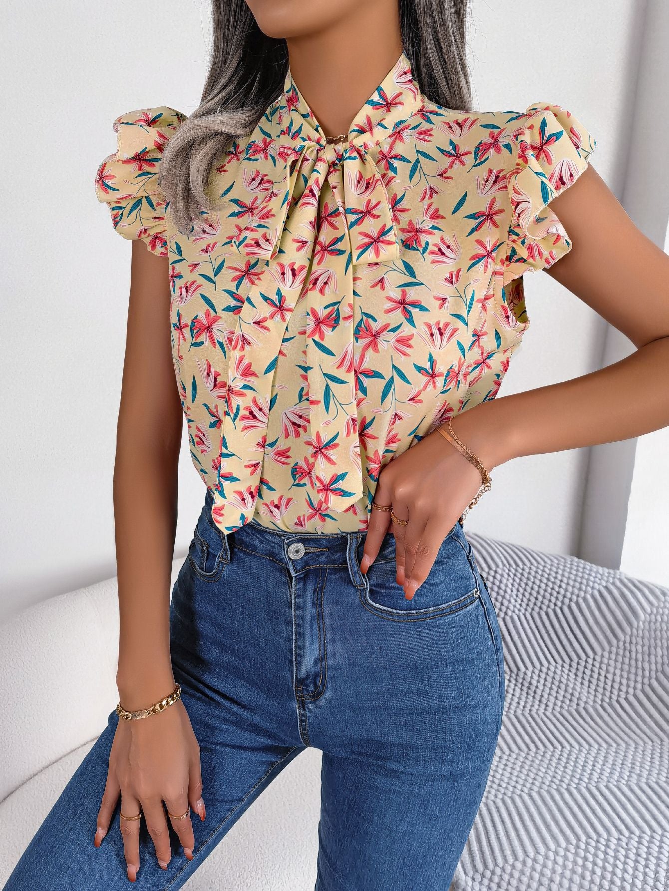 Zephariel Floral Tie Neck Flutter Sleeve Blouse