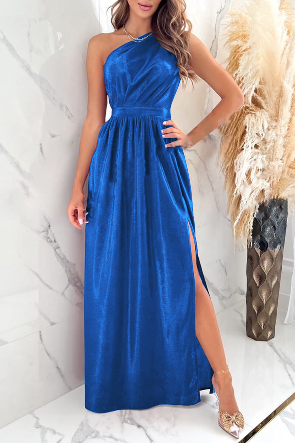 Zephariel One Shoulder Slit Ruched Maxi Dress