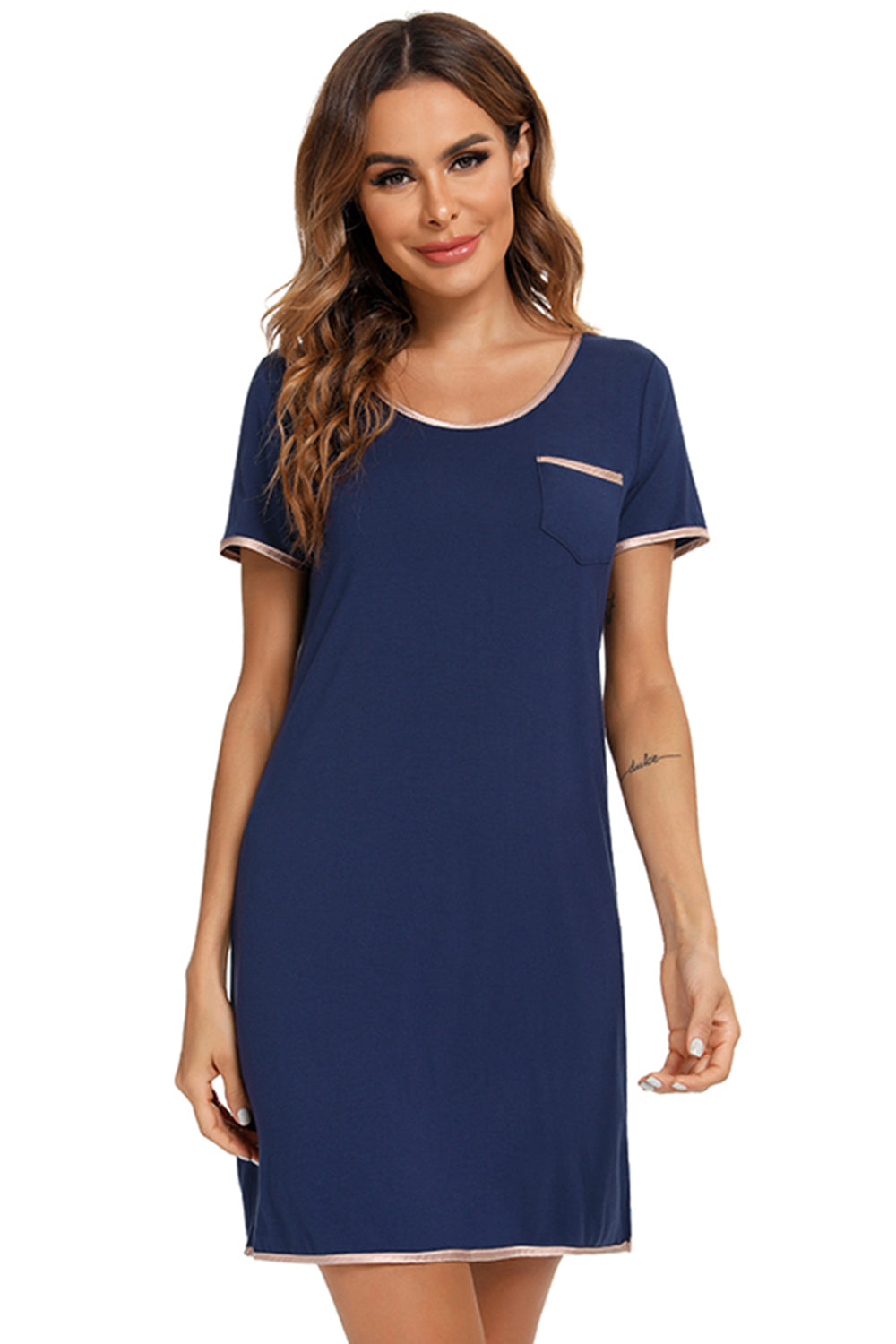 Zephariel Contrast Trim Pocketed Round Neck Lounge Dress