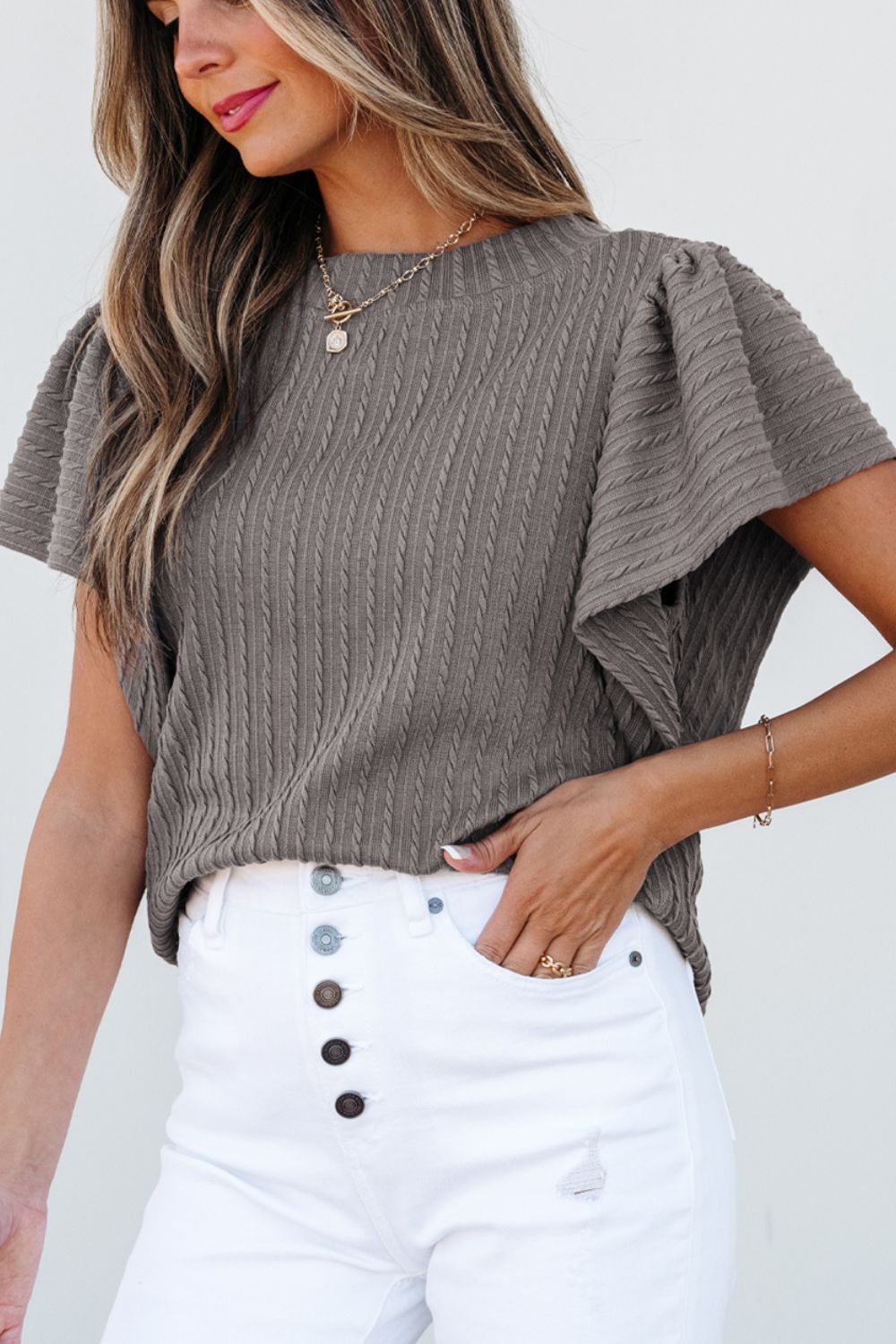 Zephariel Textured Round Neck Flounce Sleeve Blouse