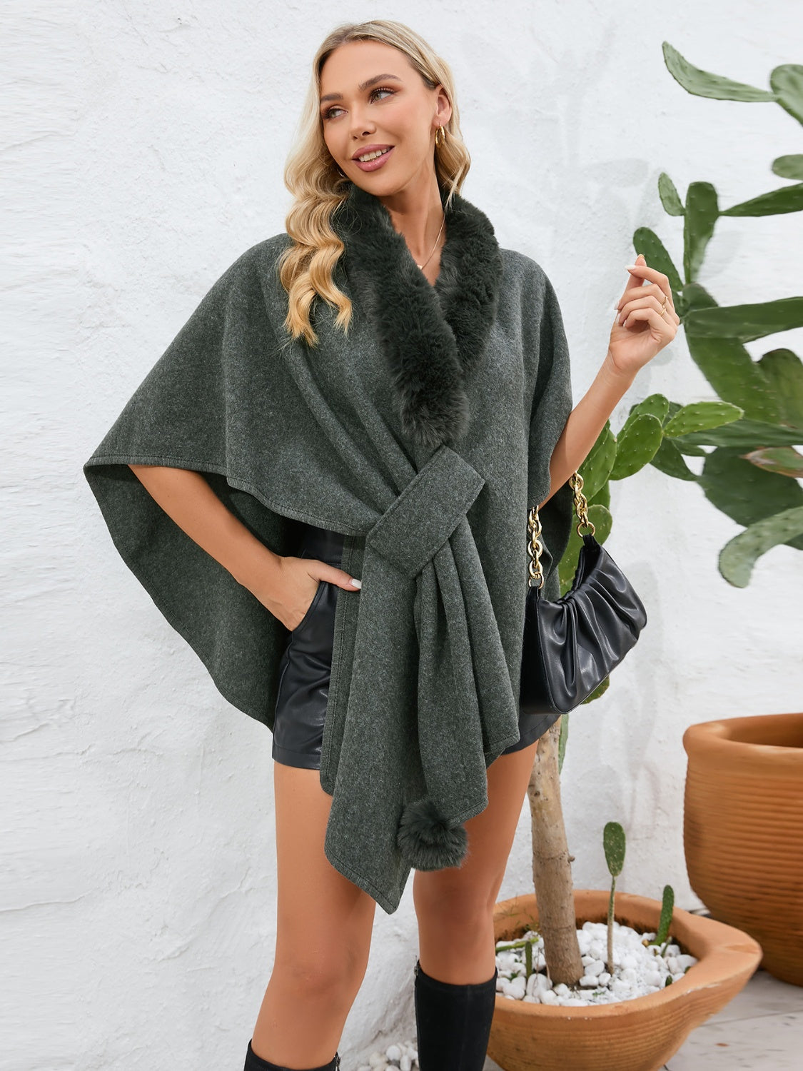 Zephariel Fuzzy Trim Open Front Poncho