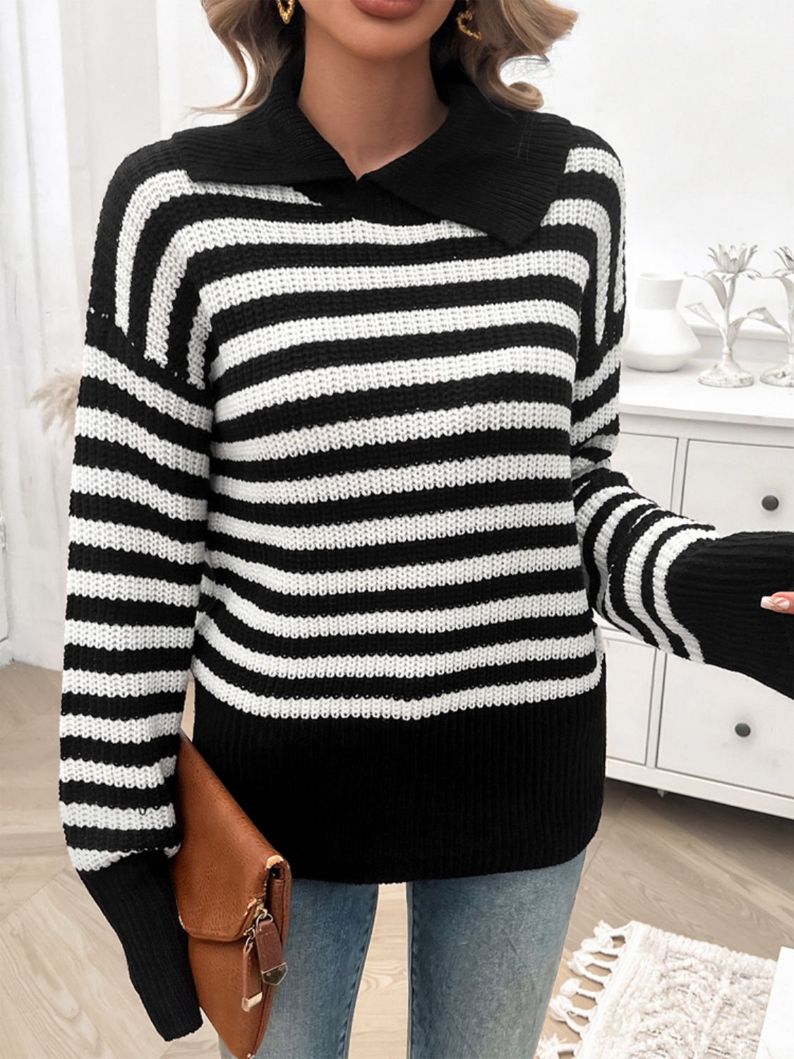 Zephariel Striped Collared Neck Long Sleeve Sweater