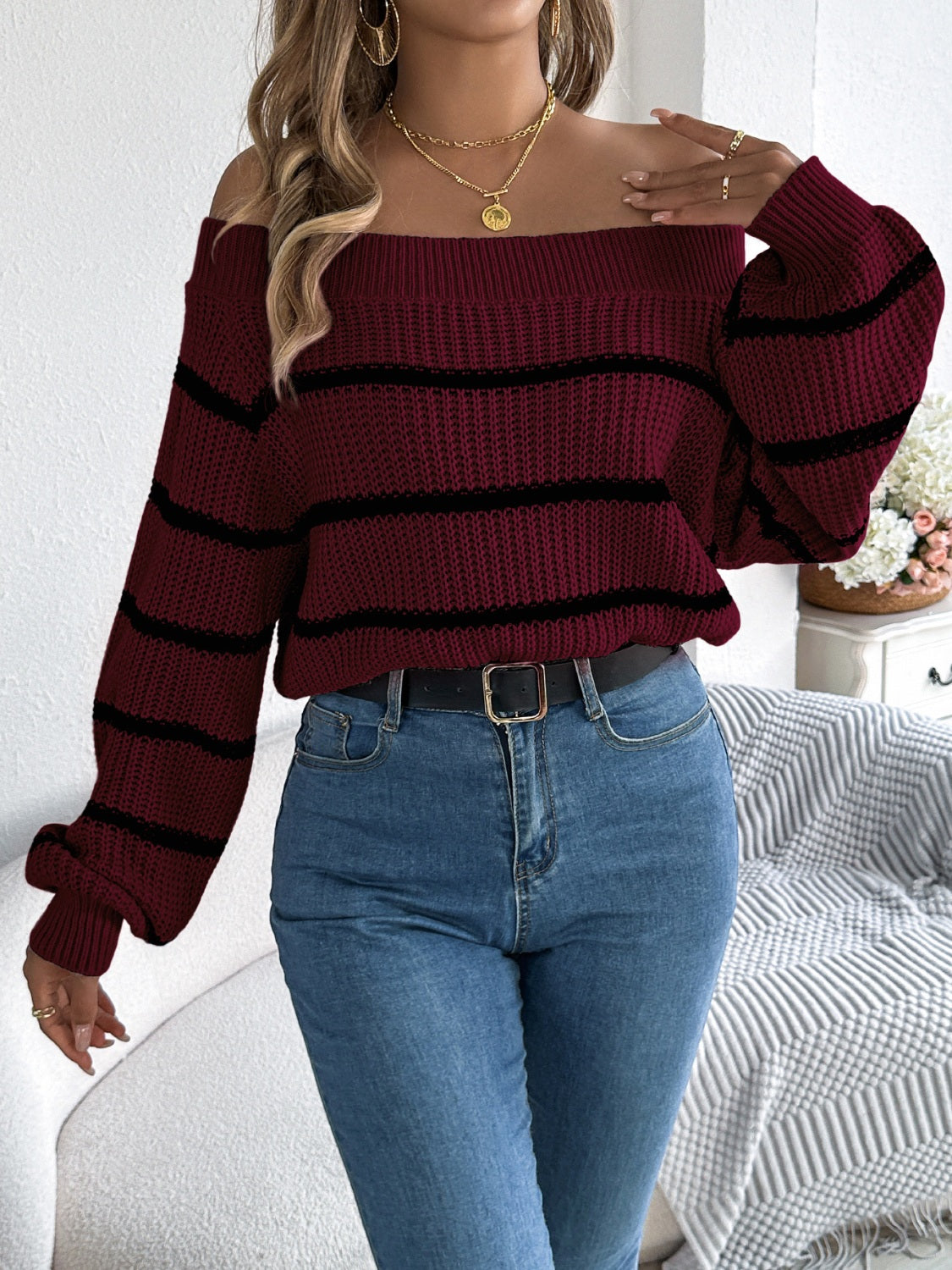 Zephariel Striped Off-Shoulder Long Sleeve Sweater