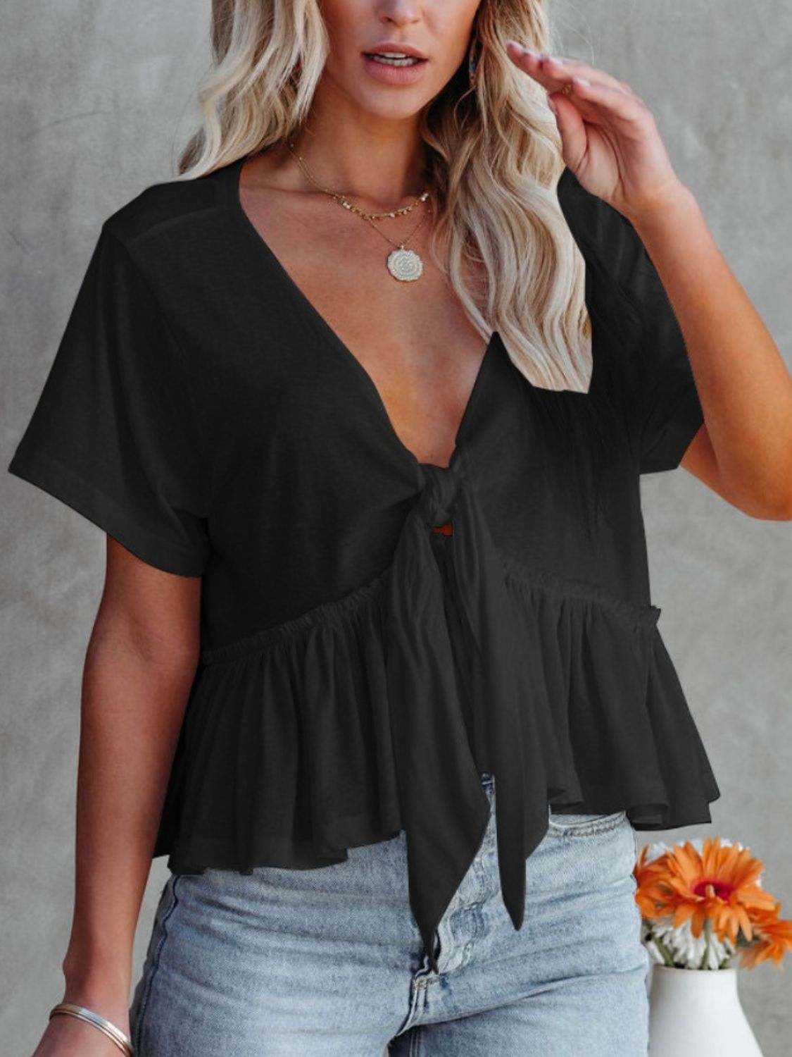 Zephariel Tied Plunge Short Sleeve Blouse