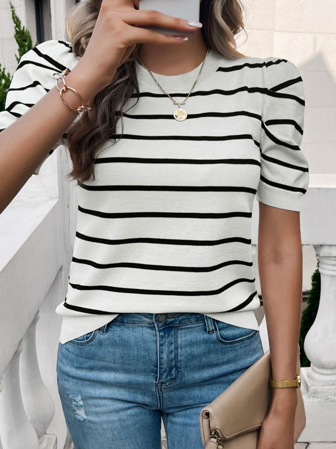 Zephariel Striped Round Neck Puff Sleeve Knit Top