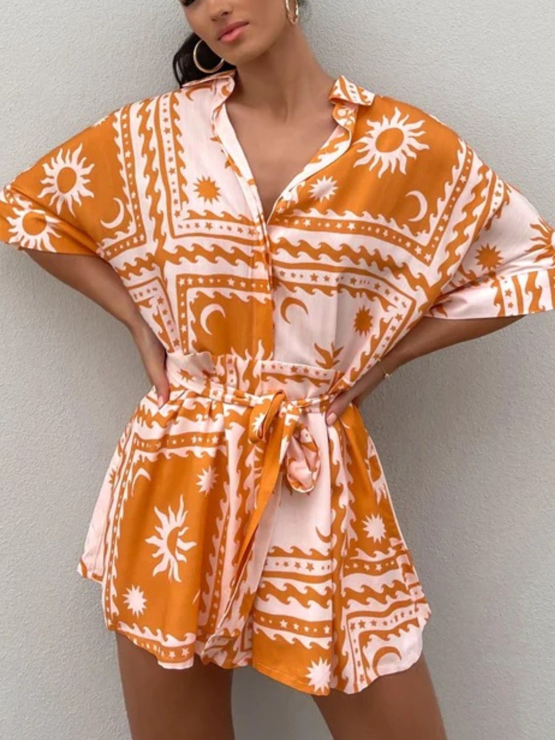 Zephariel Printed Tie Waist Half Sleeve Romper